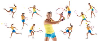 Collage. Sportive woman, professional tennis player hitting ball with racket, training isolated over white studio background. Concept of sport, health, action, hobby, lifestyle. Copy space for ad