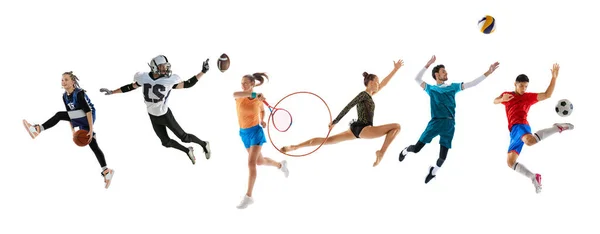 コラージュ 異なる人々 アクションでスポーツマン 白い背景の上に訓練 バスケットボール サッカー テニス リズミカル体操 バレーボール スポーツ — ストック写真