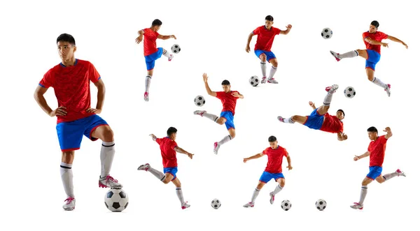 Koláž Pohybů Mladíka Profesionální Mužský Fotbal Fotbalista Pohybu Trénink Izolovaný — Stock fotografie