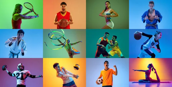 コラージュ 異なる年齢の選手はネオンで多色の背景に隔離された様々なスポーツをやって スポーツ生活 競争の概念 広告のコピースペース — ストック写真