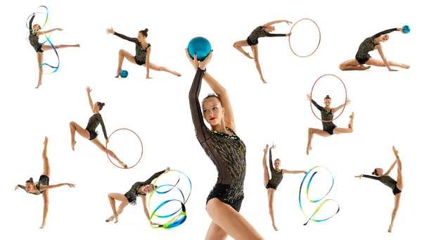Колаж Портрет Молодої Професійної Жіночої Ритмічної Гімнастки Виконує Ізольовані Білому — стокове фото