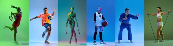Collage Jonge Sportieve Mensen Trainen Veelkleurige Achtergrond Tennis Voetbal Gymnastiek — Stockfoto