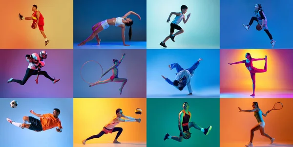 コラージュ 異なる年齢の選手はネオンで多色の背景に隔離された様々なスポーツをやって スポーツ生活 競争の概念 広告のコピースペース — ストック写真