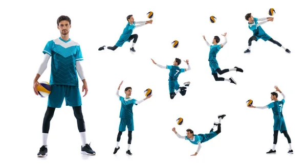 Collage Movimientos Joven Jugador Voleibol Movimiento Entrenando Jugando Aislado Sobre —  Fotos de Stock