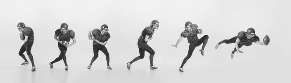 大学生活 年轻人 美国足球运动员的姿势 黑白摄影 有动力的运动员 赢了比赛 体育概念 复古风格 20多岁 大学体育 — 图库照片