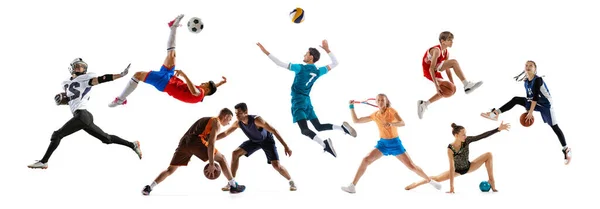 Collage Différentes Personnes Sportifs Action Jouant Entraînant Sur Fond Blanc — Photo