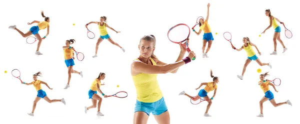 Коллаж Спортивная Женщина Профессиональная Теннисистка Бьет Мячу Ракеткой Тренировки Изолированы — стоковое фото
