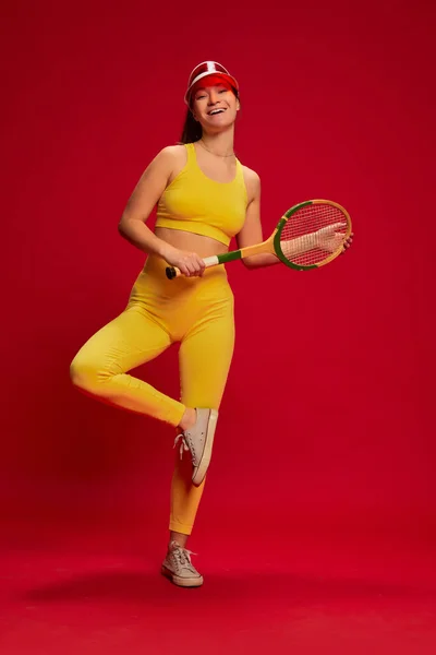 Portrait Young Woman Yellow Sportswear Posing Playing Tennis Isolated Red — Stock Photo, Image