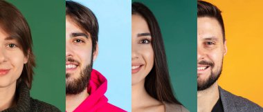 Kolaj. Farklı insanların yarım yüzlü portreleri, kameraya bakan kadın ve erkekler çok renkli arka planda izole edilmiş. Duyguların kavramı, yüz ifadesi, duygular, moda, güzellik, reklam