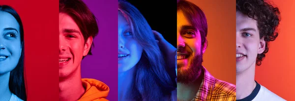 Collage Half Faced Portraits Young Cheerful People Smiling Posing Isolated — Stock Photo, Image