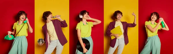 コラージュ 赤い黄色の背景の上にポジティブな姿でポーズをとるカジュアルな服装の若い陽気な女の子の肖像画 ファッション 美しさ 広告の概念 — ストック写真