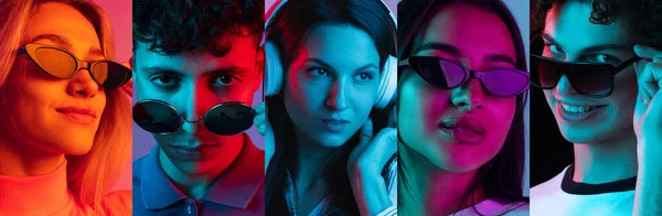 大学生活 穿着时髦太阳镜和耳机的年轻人 男人和女人在霓虹灯下摆姿势的画像 面部表情 生活方式 广告的概念 — 图库照片