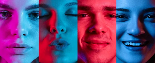 大学生活 男男女女在霓虹灯下表现出不同情感的特写 年轻人的生活方式情感 面部表情 广告的概念 — 图库照片