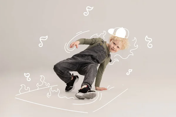 stock image Creative design with drawn elements. Portrait of little boy, child dreaming to become famous street style dancer. Active kid, hip-hop. Concept of imagination, childhood, motherhood, creativity, dreams