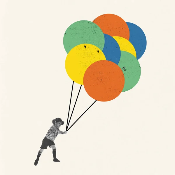 Коллаж Современного Искусства Творческий Дизайн Мальчик Ребенок Играет Воздушными Шарами — стоковое фото