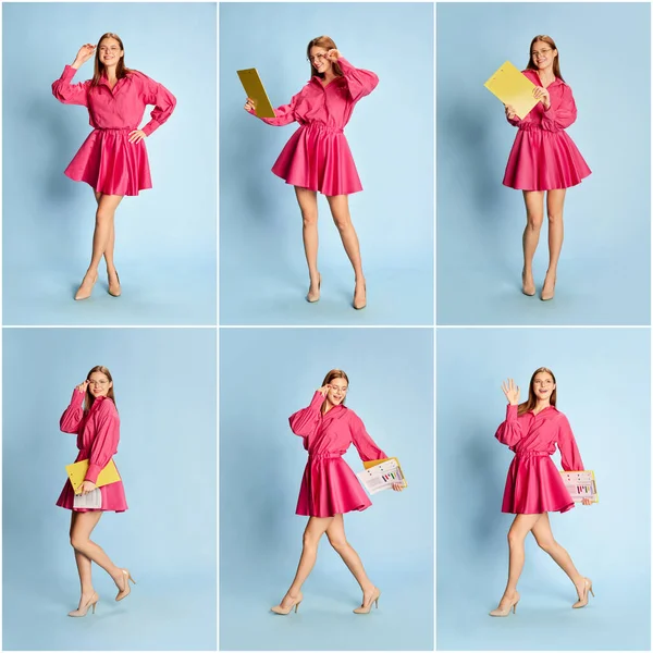 Collage Porträts Von Jungen Schönen Mädchen Geschäftsfrau Stilvollem Rosa Kleid — Stockfoto