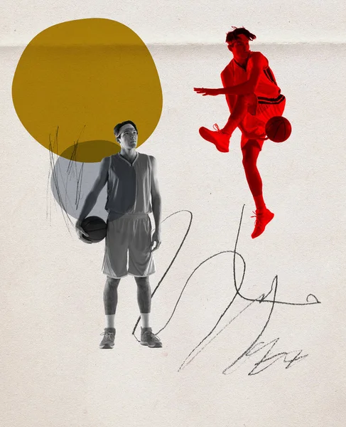 当代艺术拼贴 运动发展 创意设计与年轻男性篮球运动员的训练 健康的生活方式的概念 广告的复制空间 — 图库照片