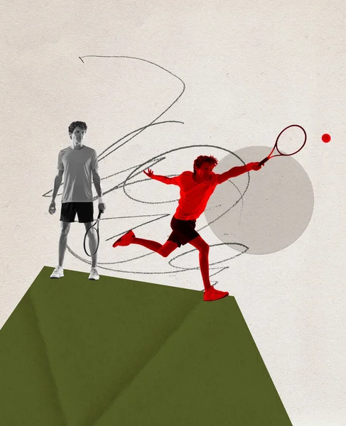 Коллаж Современного Искусства Креативный Дизайн Молодым Спортивным Мужчиной Тренировка Теннисиста — стоковое фото