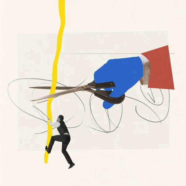 Коллаж Современного Искусства Творческий Дизайн Иллюзионная Рука Перерезающая Веревку Которой — стоковое фото