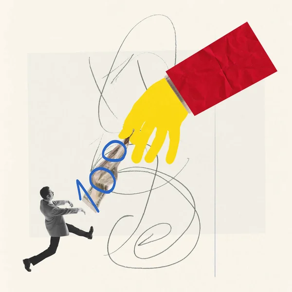 Contemporary Art Collage Creative Design Man Marionette Illusion Hand Holding — Stock Photo, Image