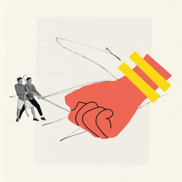 Contemporary Art Collage Creative Design Two Young Men Seamen Pulling — Stock Photo, Image