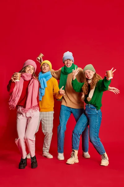 Grupa Młodych Ludzi Przyjaciele Zimowych Ciuchach Bawiących Się Razem Pozujących — Zdjęcie stockowe