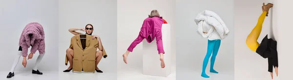 Collage Ung Man Och Kvinna Ljusa Eleganta Kläder Poserar Isolerad — Stockfoto