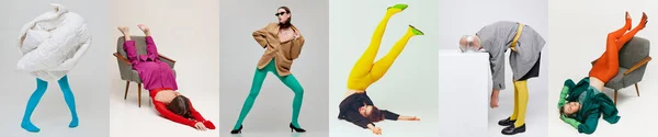 Collage Extraordinära Ungdomar Man Och Kvinna Ljusa Kläder Poserar Över — Stockfoto