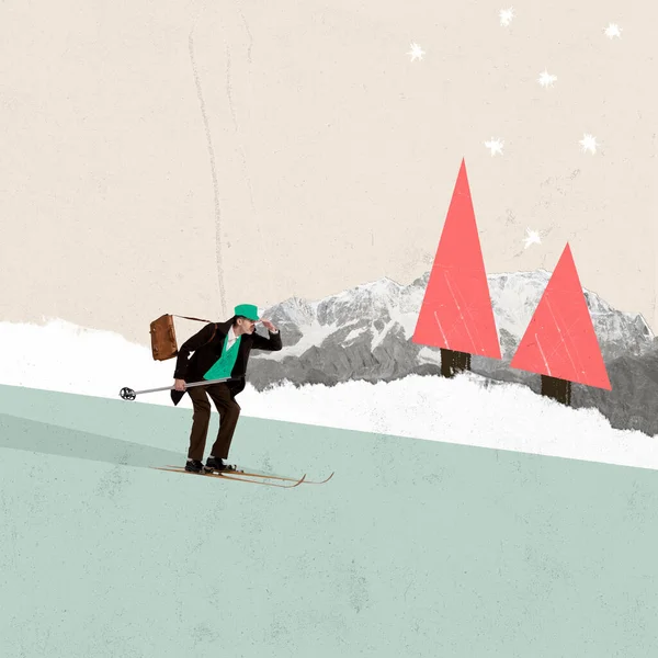 彩色的创意设计 当代艺术穿着西装的男人滑下雪山小山 冬季假期的概念 抽象明信片艺术 — 图库照片
