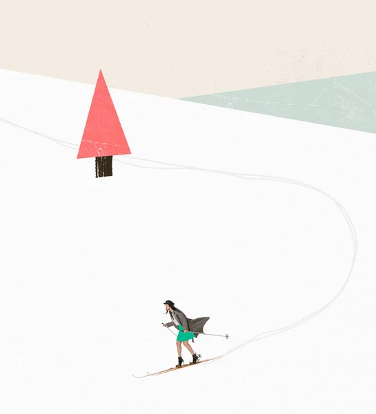 彩色的创意设计 一个时髦的女人穿着高跟鞋滑过雪山 蜿蜒的路冬季假期的概念 抽象明信片艺术 — 图库照片