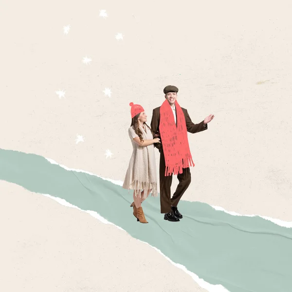 彩色的创意设计 当代艺术 可爱的恋人平静地走在一个温暖的雪天 冬季假期的概念 抽象明信片艺术 — 图库照片