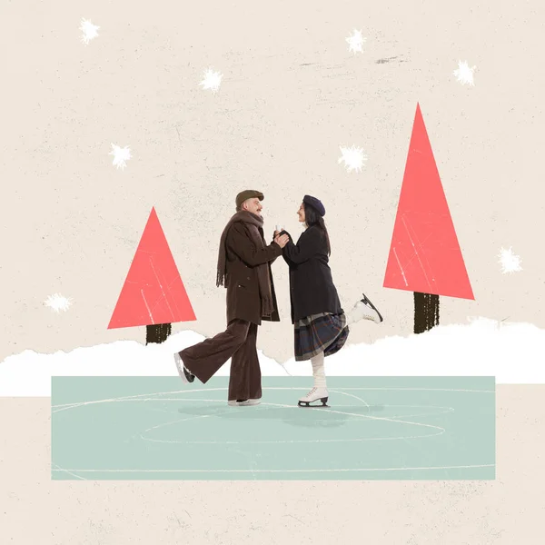 彩色的创意设计 当代艺术一对快乐的年轻夫妇 男人和女人在雪天滑冰 冬季假期的概念 抽象明信片艺术 — 图库照片