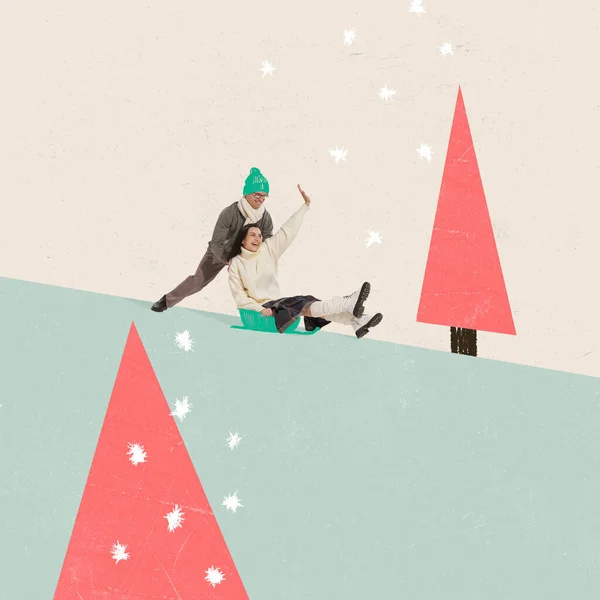 彩色的创意设计 快乐的微笑着的人们 男人和女人沿着雪山滑行着 冬季假期的概念 抽象明信片艺术 — 图库照片