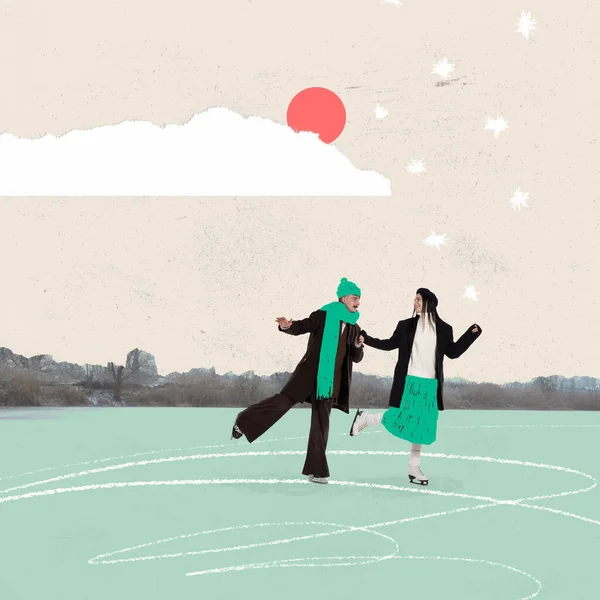 彩色的创意设计 当代艺术一对快乐的年轻夫妇 男人和女人在雪天滑冰 冬季假期的概念 抽象明信片艺术 — 图库照片