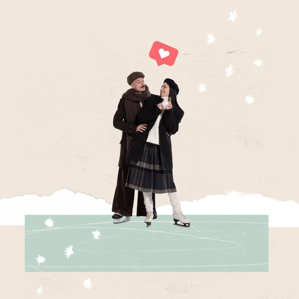パステルカラーのクリエイティブデザイン 現代美術 雪の日に幸せな若いカップル 男と女のスケート 冬の休日 抽象的なポストカードアート お祝い 冬の季節の概念 ポスター — ストック写真