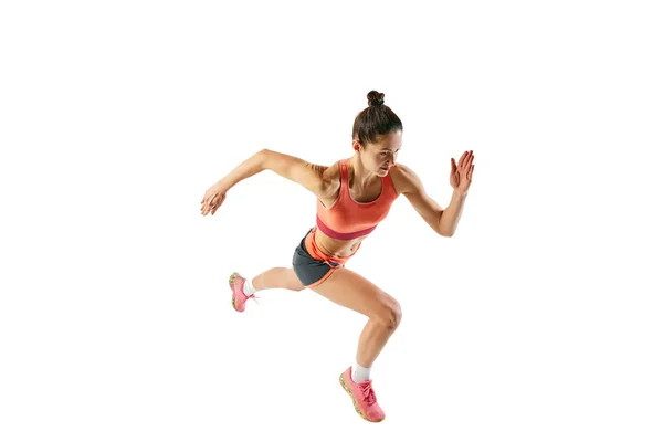 运动运动员的头像 身穿运动服的年轻健康的女运动员跑步 在白色背景下进行训练 动态的动作 跑技术 广告的复制空间 — 图库照片