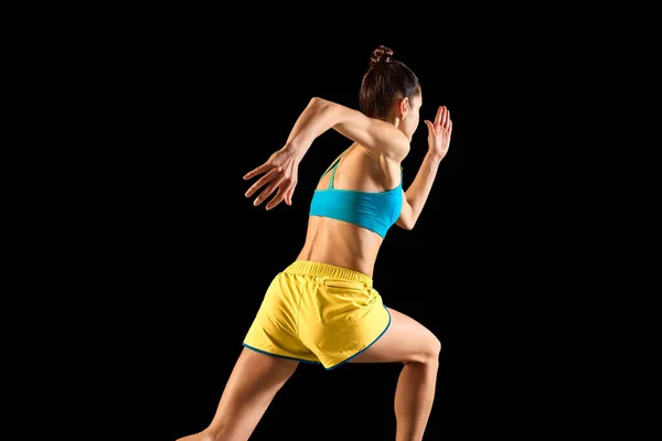 Young Sportive Woman Runner Jogger Wearing Blue Yellow Color Sportwear — Stock Photo, Image