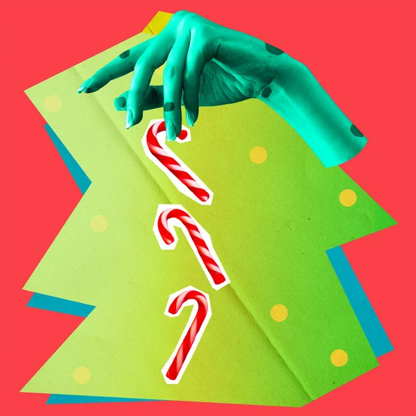 Kreatív Tervezés Karácsonyi Üdvözlőkártyához Kézzel Színes Papírral Kortárs Művészeti Kollázs — Stock Fotó