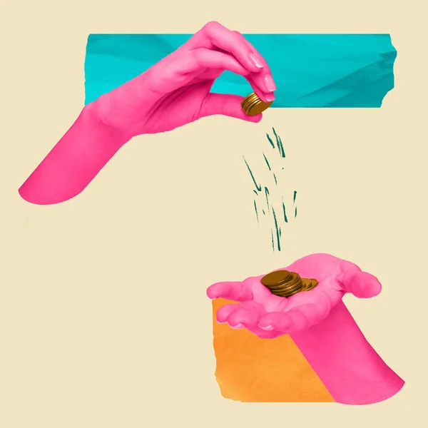 Kasstroom Surrealistische Kunst Ontwerp Met Twee Roze Menselijke Handen Met — Stockfoto