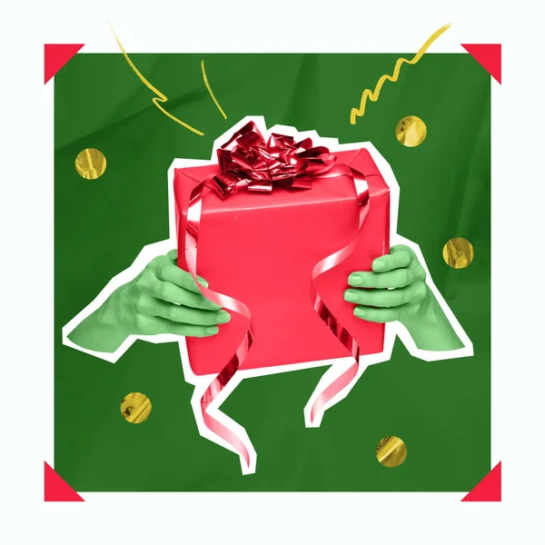 Подарки Творческий Дизайн Рождественских Открыток Руки Держат Праздничную Коробку Коллаж — стоковое фото