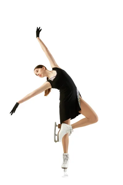 Jonge Tiener Meisje Junior Vrouwelijke Kunstschaatser Zwart Podium Kostuum Schaatsen — Stockfoto
