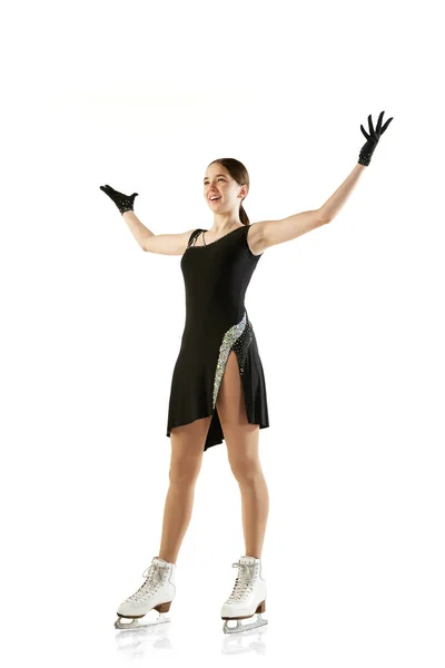 Wow Succès Gagner Joyeux Jeune Fille Patineuse Artistique Costume Scène — Photo