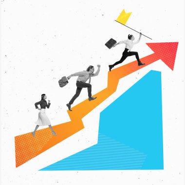 Çalışanlar, hareket halindeki ofis çalışanları, eylem. Profesyonel meydan okuma. İş kavramı, takım çalışması, liderlik, başarı ve motivasyon, destek. Asgari biçimdeki poster veya tasarım