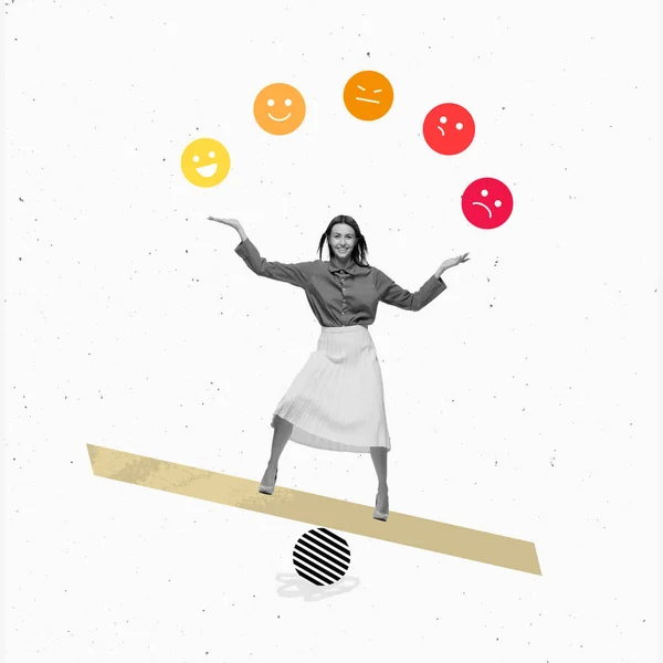 Gelukkige Jonge Zakenvrouw Balanceert Swing Met Emoties Pictogrammen Lichte Achtergrond — Stockfoto