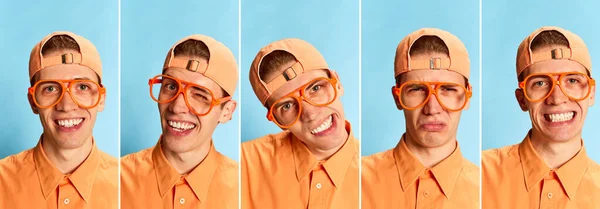 Σύνολο Κοντινών Πορτραίτων Του Συναισθηματικού Νεαρού Άνδρα Γυαλιά Και Καπέλο — Φωτογραφία Αρχείου