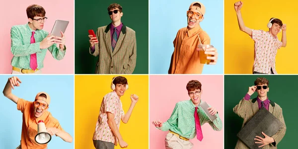 コラージュ 複数の色の背景に異なる画像やファッションスタイルの若い男の子 学生の肖像画 肯定的な感情 多様性 幸せなライフスタイル レトロなファッションのコンセプト — ストック写真