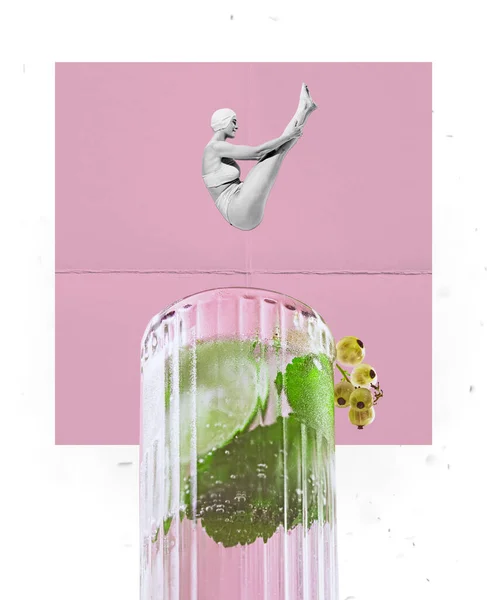 Collage Zeitgenössischer Kunst Glückliches Mädchen Retro Badeanzug Springt Glas Mit — Stockfoto