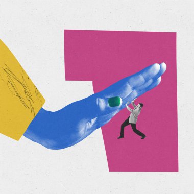 Kavramsal çağdaş sanat kolajı. Fikirler, hayal gücü, sürrealizm, kübizm. Propaganda, iş dünyası, psikoloji, kitlesel medya etkisi, bilgi ve bağımlılık kavramı Renkli minimalizm