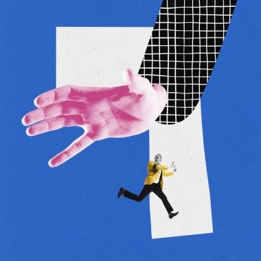 Takip. Kavramsal çağdaş sanat kolajı. Adam büyük elden kaçıyor. Sürrealizm, kübizm. Propaganda, iş dünyası, psikoloji, kitlesel medya etkisi, bilgi ve bağımlılık kavramı