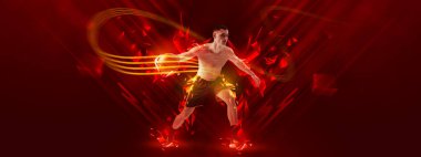 Profesyonel basketbolcunun kırmızı zemin üzerinde çokgen neon elementlerle basketbol topu sürdüğü parlak bir poster. Spor anlayışı, etkinlik, yaratıcılık, enerji. Sanat ve metin için alanı kopyala